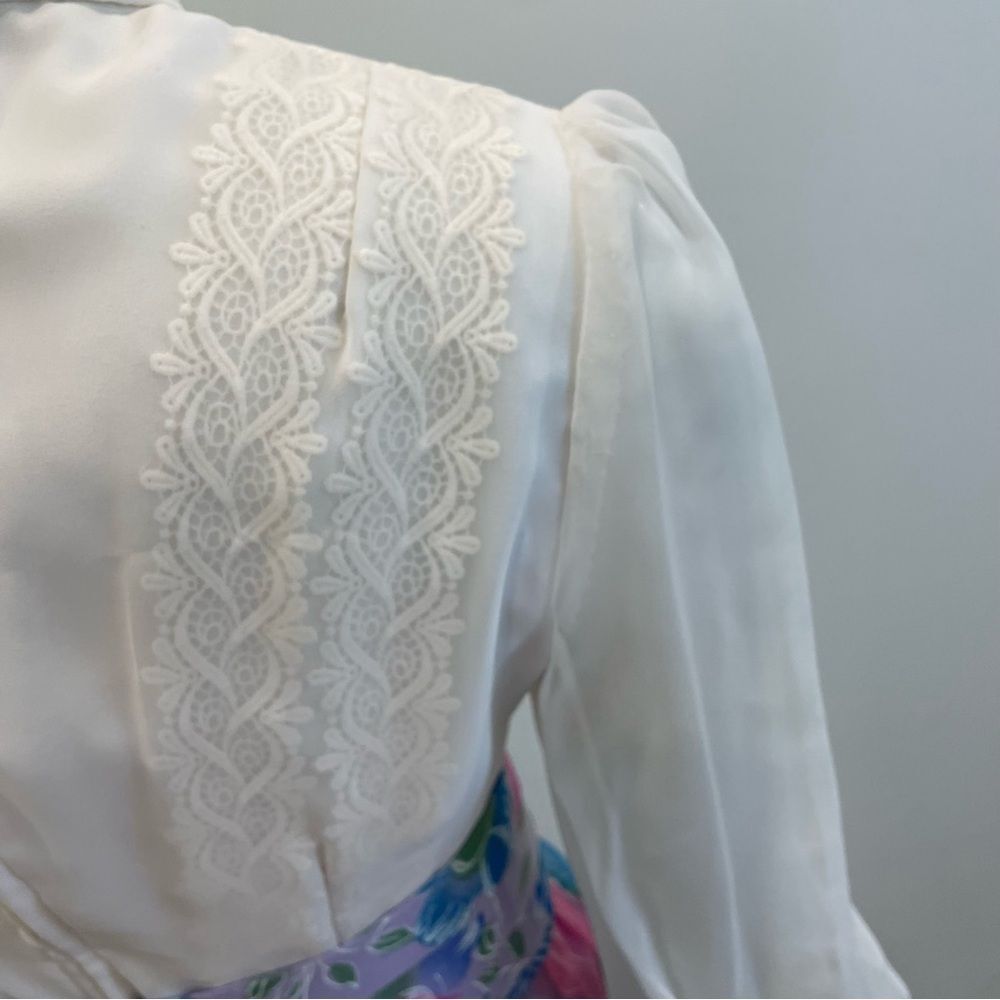 VINTAGE White Purple Blue & Pink Floral Print 60s 70s Belted Maxi Dress - Picture 11 of 15